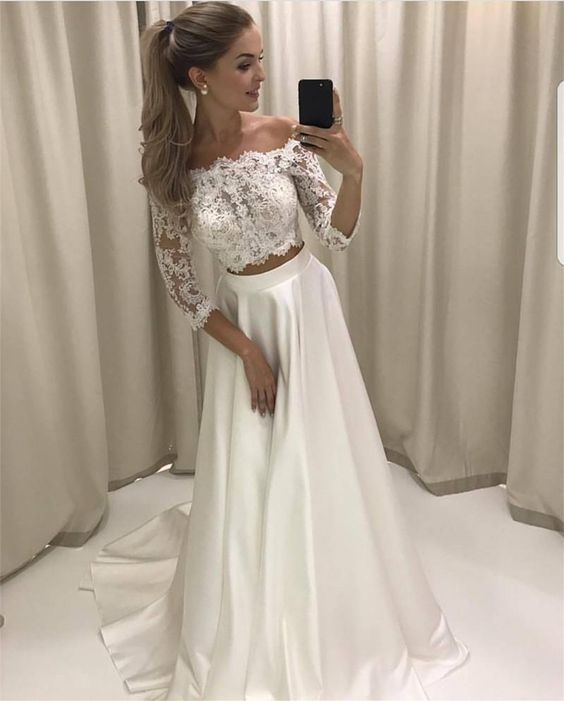 Boho Style Lace Sleeves Two Piece Wedding Dresses Off Shoulder Satin Beach Bridal Gowns,Two Pieces Prom Dresses,Women Party Gowns , Custom Made Women Gowns 