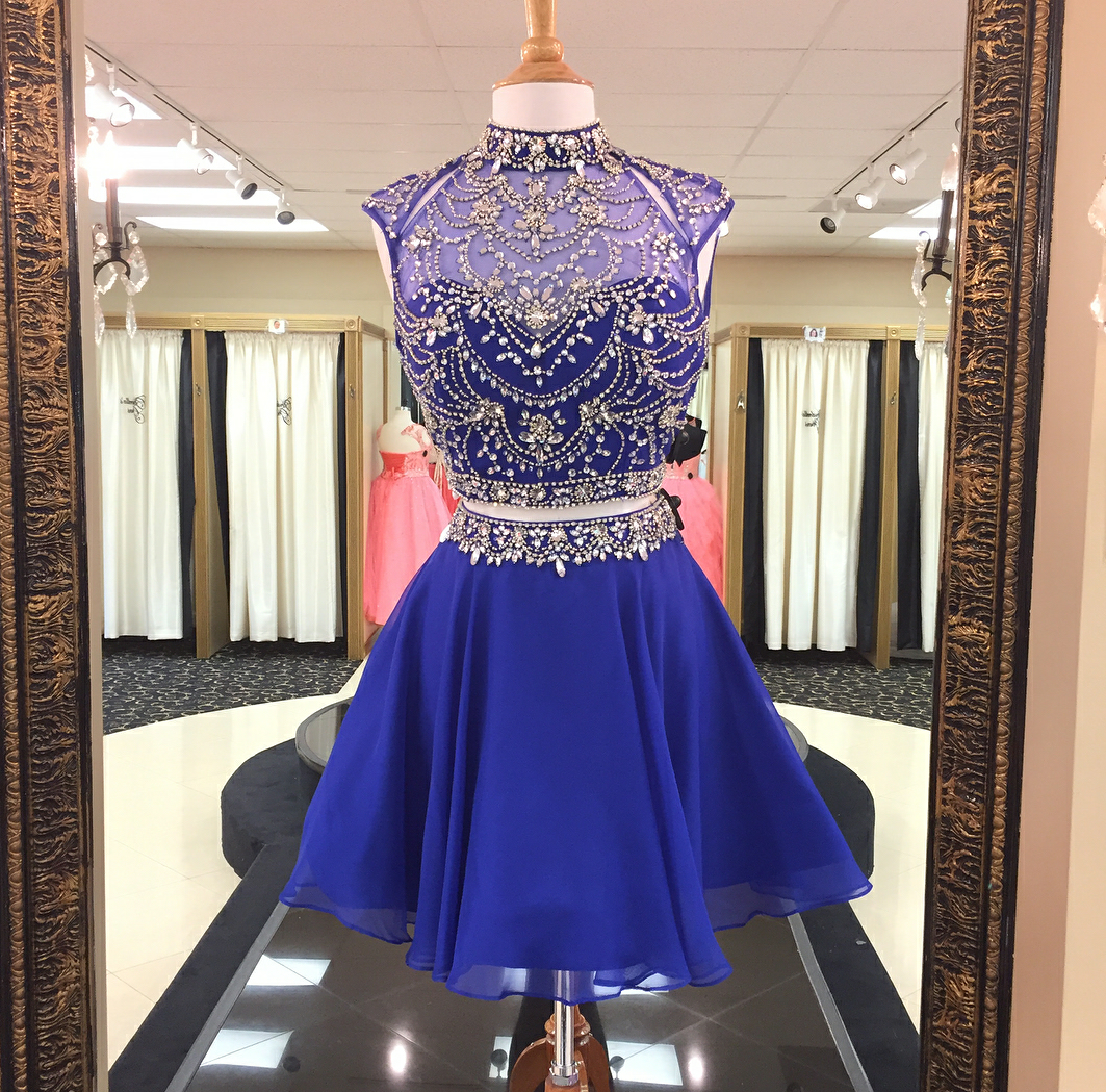 Crystal Beaded High Neck Two Piece Homecoming Dresses In Royal Blue Chiffon,2018 Plus Size Women Party Gowns , Shiny Graduation Gowns ,women