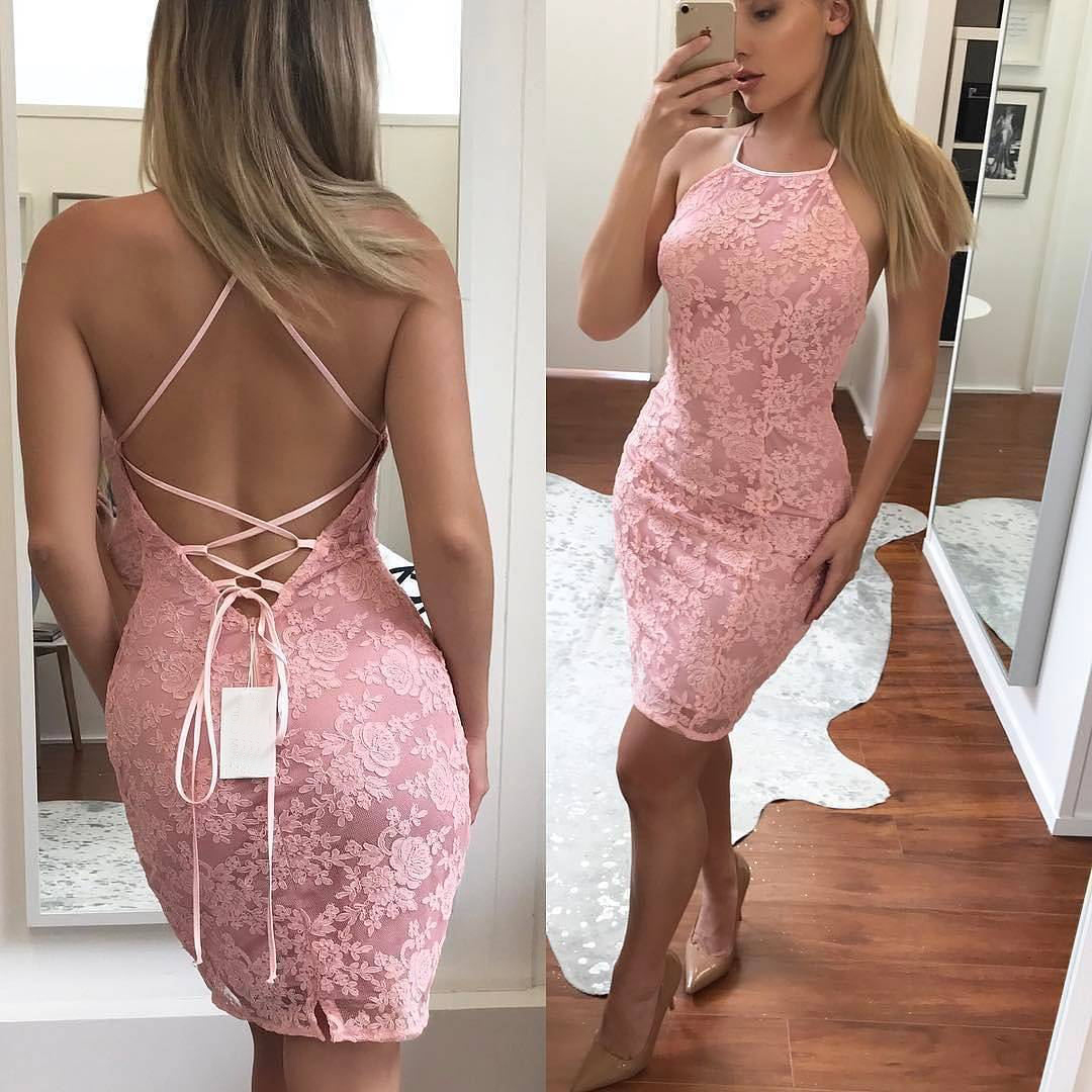 Lace Halter-neckline Dress With Criss Cross Straps On The Back ,2018 Pink Lace Short Prom Dresses, Mini Cocktail Dresses, Girls Party Gowns