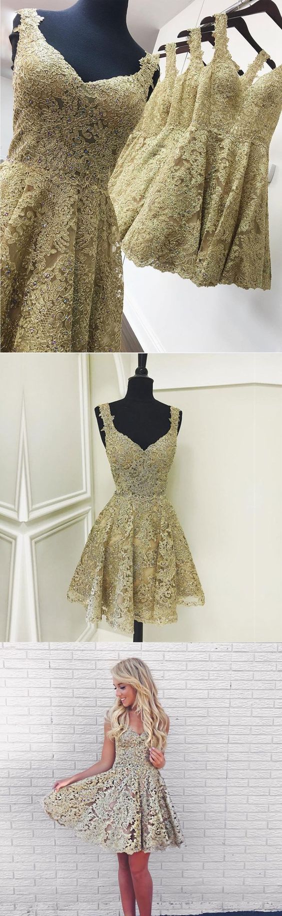 Cute Gold Lace V Neck Short Prom Dress, Homecoming Dress 2018 Plus Size Appliqued Mini Hmecoming Gowns ,short Prom Gowns ,mini Prom Gowns ,plus