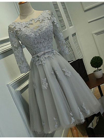 Gray Short Homecoming Dress with Full Sleeves,2018 Scoop Lace Prom Dress , Custom Made Party Gowns ,Women Cocktail Gowns ,A Line Cocktail Gowns,Short Party Gowns .