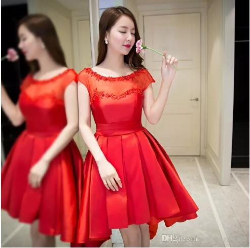 Newest Mini Short Elegant Homecoming Dresses Lace Up Back Party Dresses Appliques Beaded Satin Cocktail Dresses,2018 Red Sheer Scoop Short