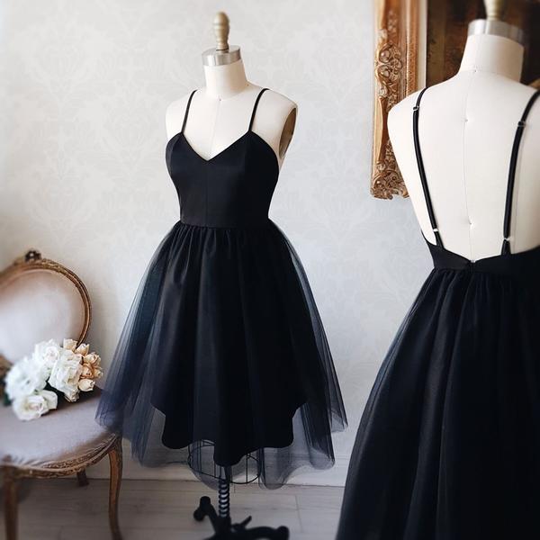 Short Black V-neck Party Dress,spaghetti Straps Tulle Above-knee Homecoming Dress,black Tulle Women Party Gowns ,girls Party Gowns , 2018 Plus