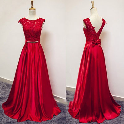 Red Lace And Satin V Back Long Prom Dresses, Red Formal Gowns, Evening Dresses 2018,sexy Backless Lace Evening Gowns ,wedding Women Party