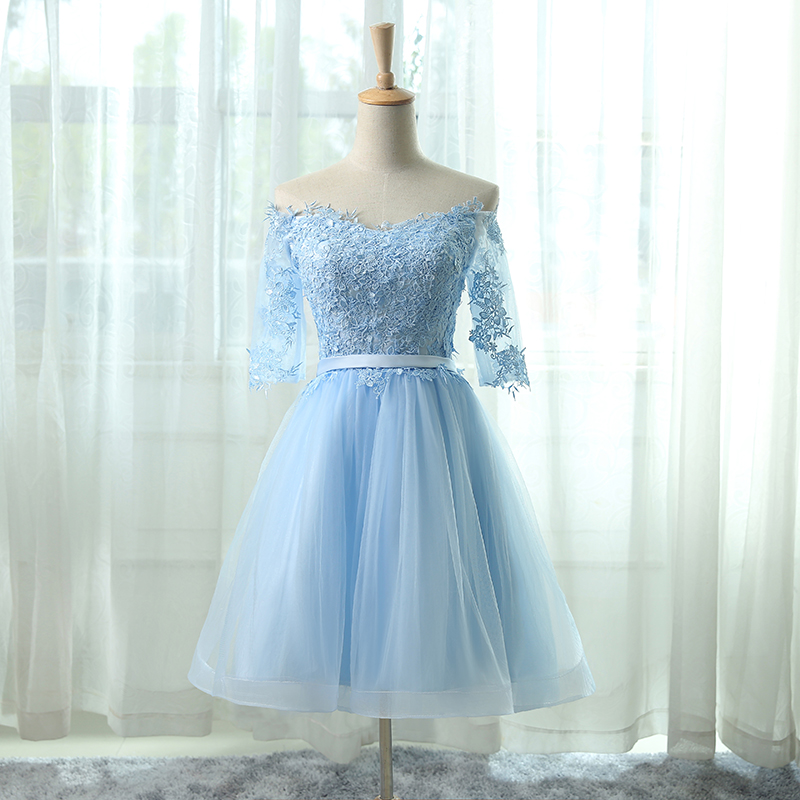 Off-the-shoulder Lace Appliqué Short Homecoming Dress In Light Blue,2018 Short Lace Cocktail Dresses, Women Party Gowns ,wedding Guest Gowns