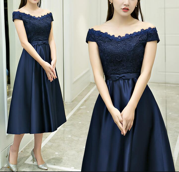 Beautiful Navy Blue Satin Tea Length Elegant Simple Bridesmaid Dress, Bridesmaid Dress 2018, Long Party Dress, Formal Dress.plus Size Women Party