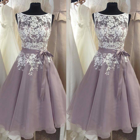 Illusion Neck Gray Short Organza Party Dress With Removable Sash,2018 Plus Size Women Party Dresses, Plus Size Short Homecoming Dresses, Lace