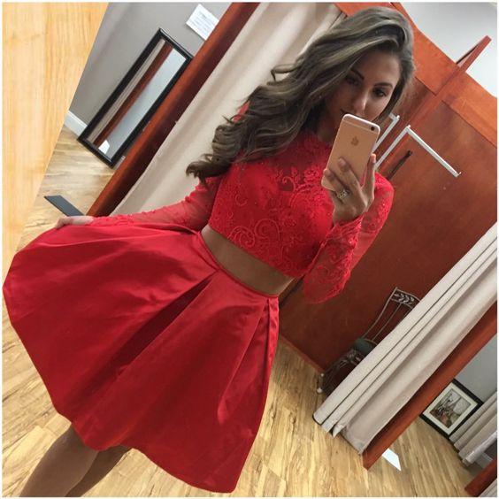 Two Piece Long Sleeves Short Red Lace Satin Homecoming Dress Girls Graduation Party Gowns,2 Pieces Cocktail Gowns ,Wedding Party Gowns , Short Prom Gowns 