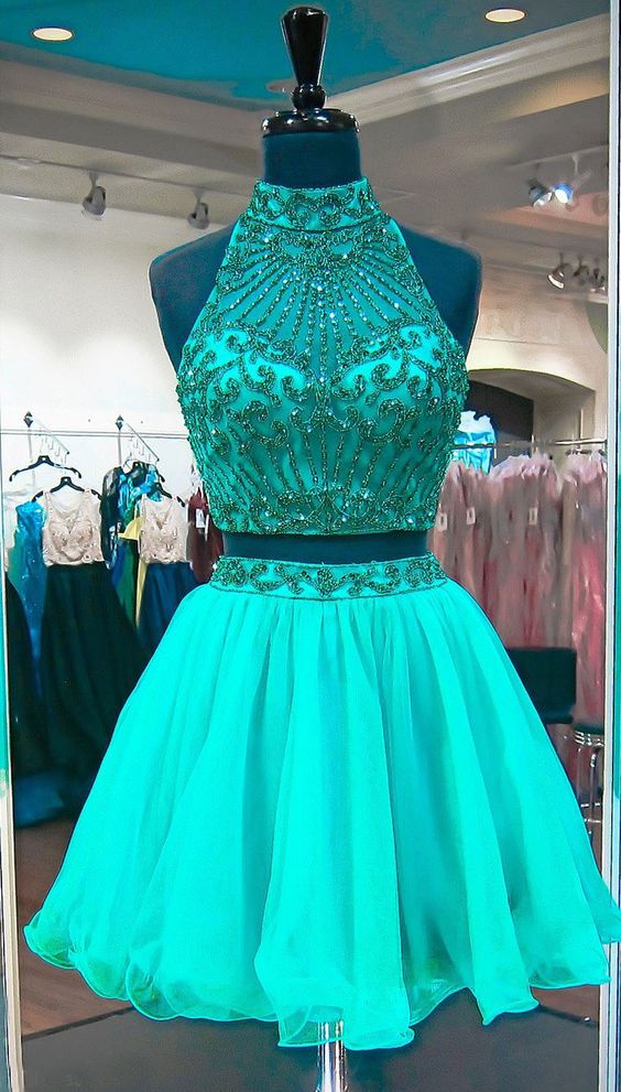 Emerald Green Two Piece Homecoming Dresses Beadings Stylish Short Tulle Prom Party Gowns 2018 2 Pieces Short Cocktail Dress,mini Wedding Party