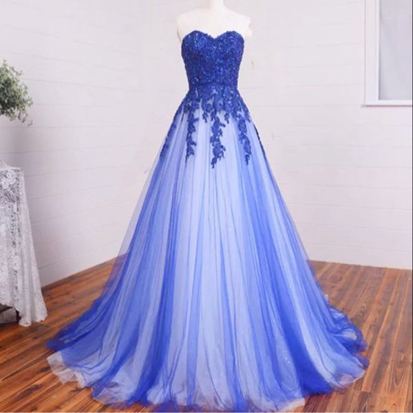 Prom Dresses,evening Dress, Prom Dress,pretty Blue+white Tulle Long Prom Dress,sweetheart A-line Lace Long Prom Gowns,evening Dresses,lace