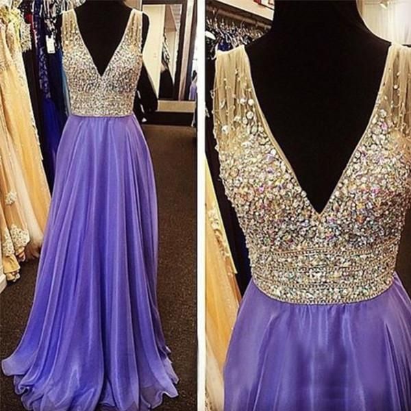 Evening Dress,purple Prom Dress,v Neck Prom Dress,charming Prom Dress,long Prom Dress,,2018 Plus Size Beaded Chiffon Evening Dress, Sexy Lavender