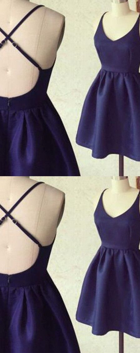 A-line Deep V-neck Criss-cross Straps Navy Blue Satin Homecoming Dress,2018 Sexy Backless Mini Prom Dresses, Wedding Party Gowns ,custom Made