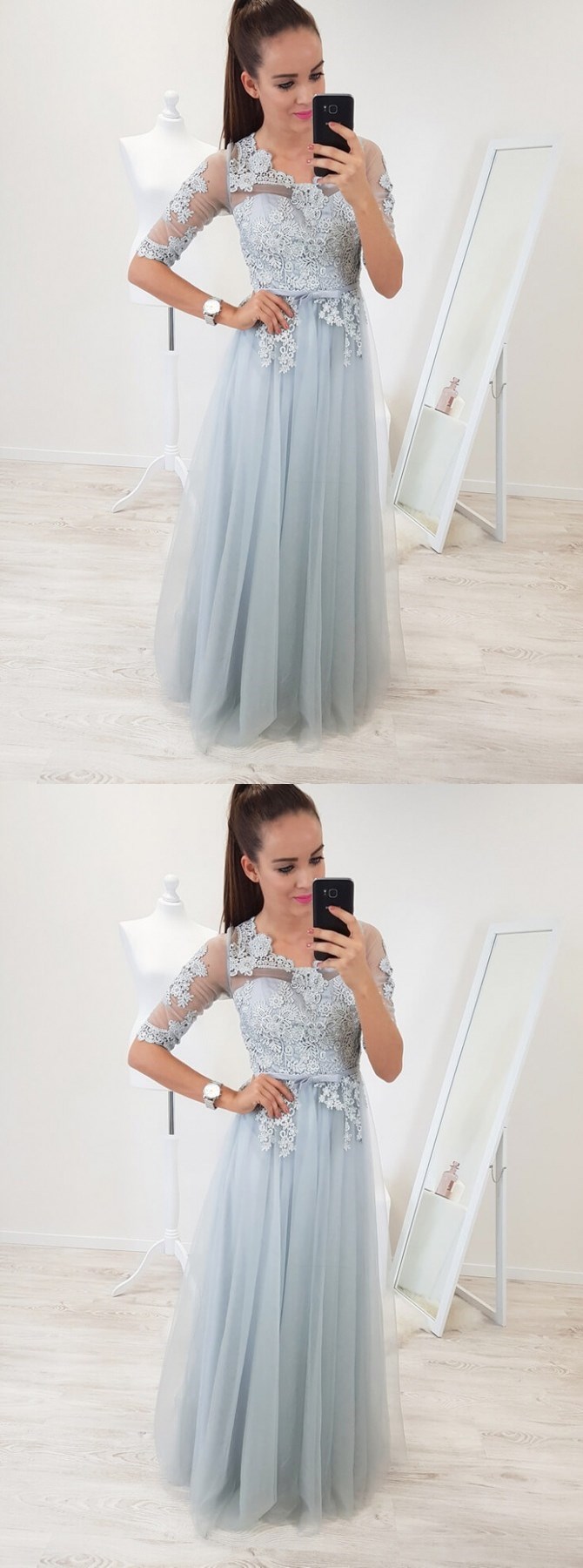 A-line Scoop Half Sleeves Floor-length Light Blue Prom Dress With Appliques,2018 Plus Size Half Sleeve Lace Evening Dresses, Women Guest Gowns ,