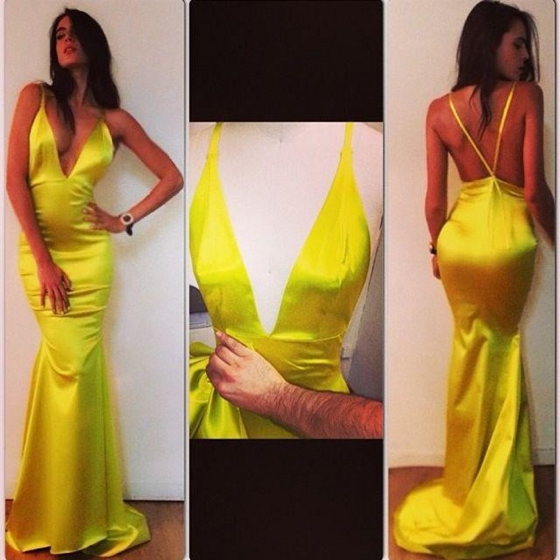2018 Plus Size Yellow Prom Dresses, Wedding Party Gowns , Custom Made Women Gowns , Sexy Backless Evening Dress