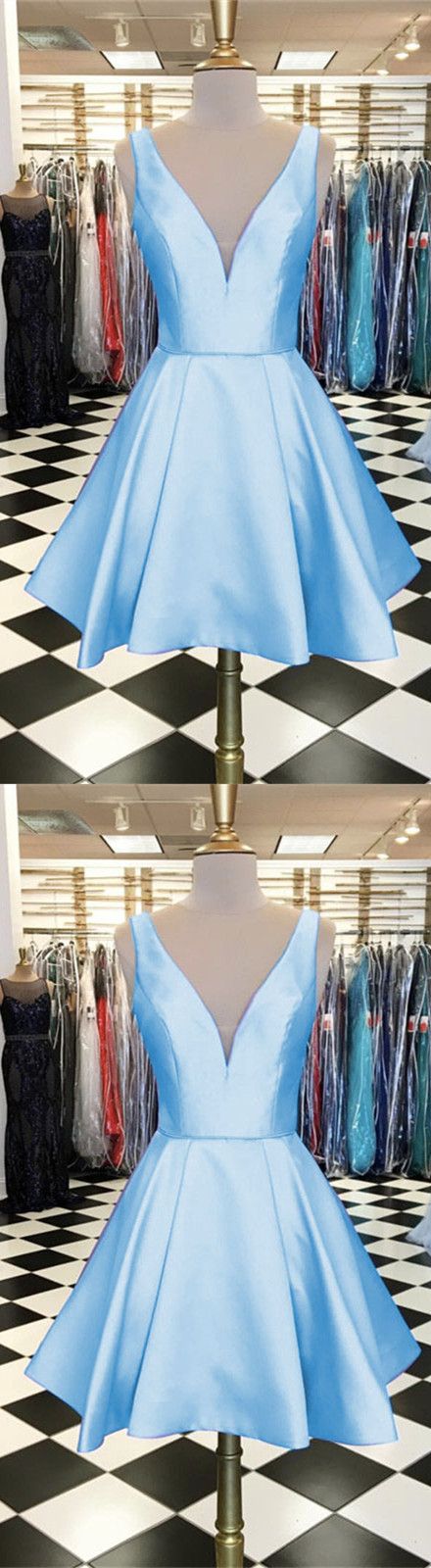 A-line V-neck Satin Homecoming Dresses Short Prom Gowns 2018,sky Blue Satin Mini Homecoming Dresses,custom Made Party Gowns .girls Gowns Short