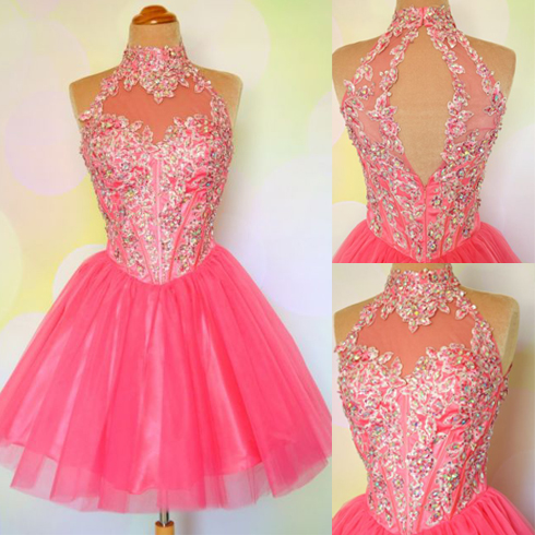 Pink Homecoming Dress, Open Back Homecoming Dress, Fantastic Homecoming Dress, Princess Prom Dress, Charming Homecoming Dress, ,halter Beaded