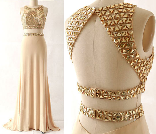 Champagne Prom Dress, Open Back Beaded Two Pieces Prom Dresses,champagne Chiffon Long Prom Dresses, 2 Pieces Cocktail Gowns ,women Party Gowns