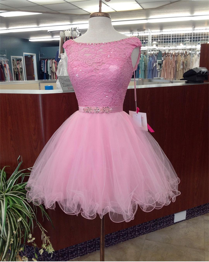 Pink Homecoming Dress,tulle Prom Short Dress,elegant Lace Appliques Cocktail Dress, Pink Tulle Short Homecoming Dresses,knee-length Party Gowns