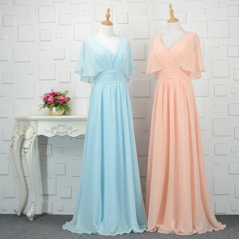 Modest Bridesmaid Dresses With Sleeves,chiffon Bridesmaid Dress,floor Length Evening Gowns,simple Chiffon Bridesmaids Dresses,sky Blue Chiffon