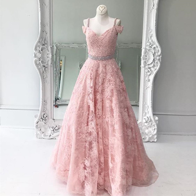 Pink Prom Dress, Lace Prom Dress,long Evening Gowns,elegant Formal Dresses,wedding Party Gowns ,wedding Girls Gowns .spaghetti Straps Beaded