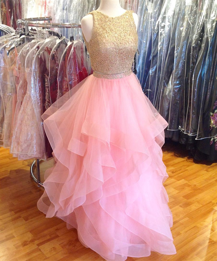Pink Prom Dress,two Piece Prom Dress,ruffles Dress,ball Gowns Prom Dress, Luxury Beaded Long Prom Dresses, Formal Gowns , 2 Pieces Cocktail
