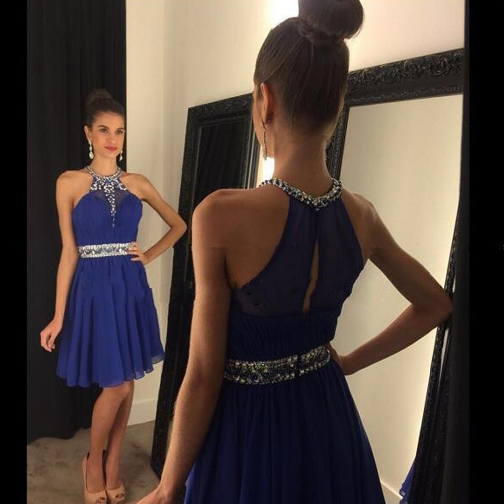 Royal Blue Chiffon Short Cocktail Dresses, Short Prom Dresses, Beaded Party Gowns , O Neck Mini Prom Gowns ,short Graduation Gowns , Chiffon