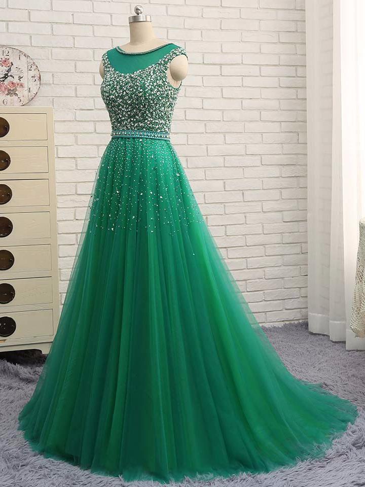 Green Beaded Long Prom Dresses, Sexy Plus Size Wedding Party Gowns ,scoop Girls Pagent Gowns , Sexy Beaded Women Party Gowns , Formal Gowns ,