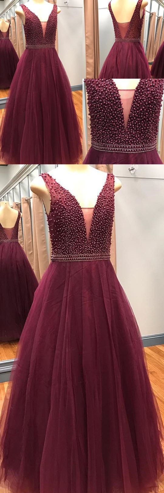 Sexy Pearls Long Prom Dresses,burgundy Tulle Prom Dresses ,v-neck Evening Dresses,,wedding Party Gowns ,floor Length Evening Dress, Women Pageant