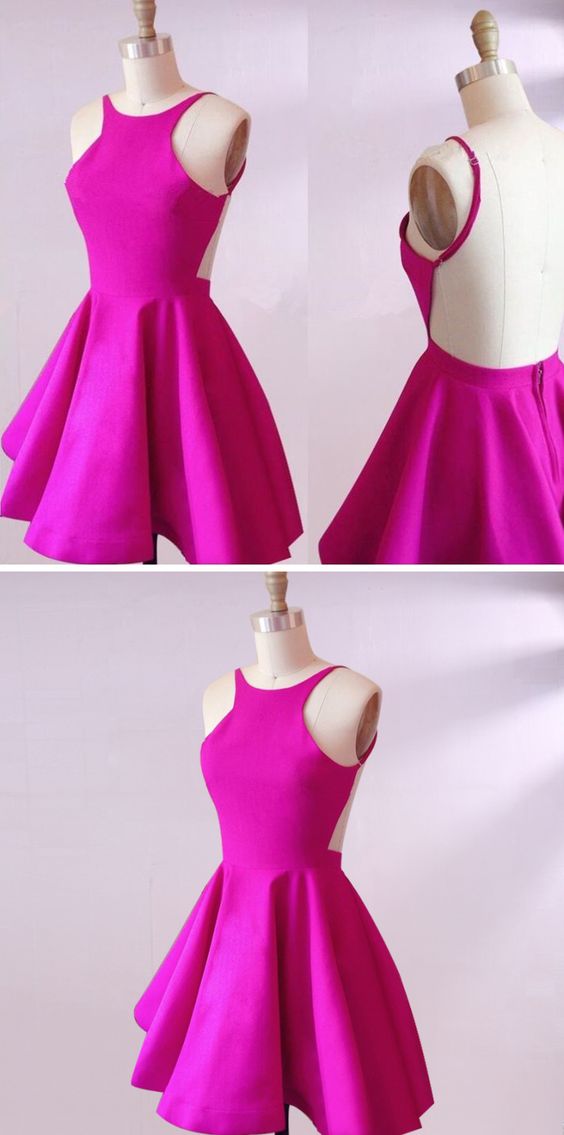 Simple Homecoming Dresses, Cute Backless Party Dresses, Short Prom Gowns,fuchsia Satin Short Cocktail Gowns .women Girls Gowns , Cocktail Gowns