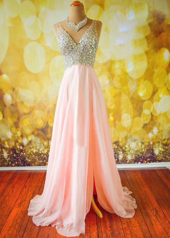 Luxury Beaded Crystal Long Prom Dresses, Sexy V-Neck Prom Dress, Long Prom Dress, Off Shoulder Evening Dress, Pink Chiffon Evening Dresses, Wedding Party Gowns .