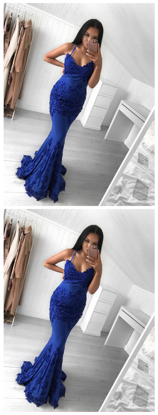 Spaghetti Strap Royal Blue Prom Dresses, Lace Prom Gowns , Mermaid Prom Dress, Plus Size Women Party Gowns ,lace Prom Gowns ,formal Evening Dress