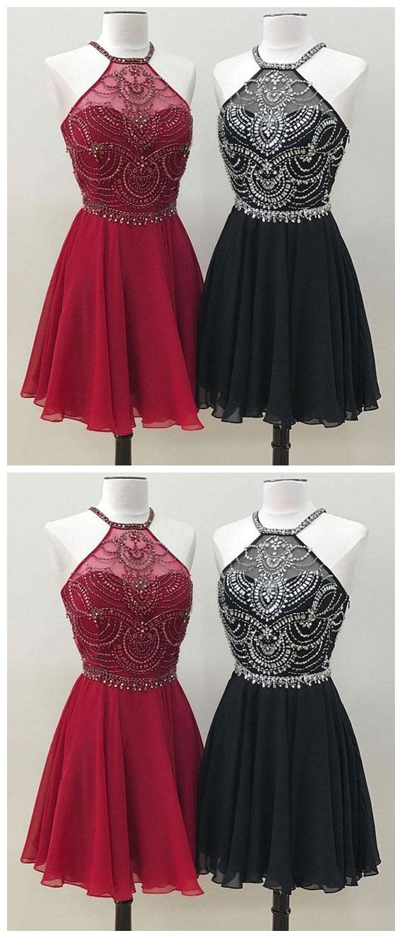 Unique Beads Burgundy And Black Chiffon Short Prom Homecoming Dress, Sexy Mini Cocktail Dresses, Knee Length Mini Graduation Gowns , Sexy