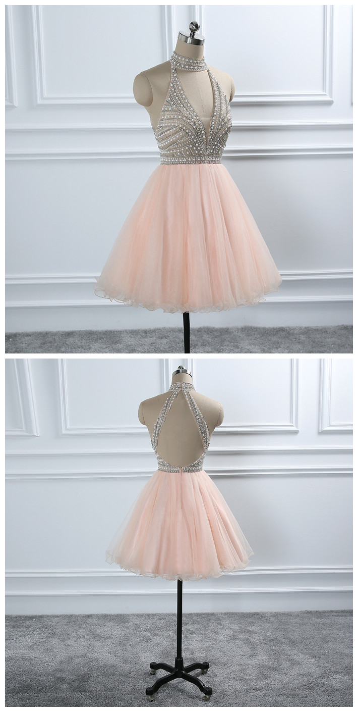 Crystal Beading Homecoming Dresses European Sweet Formal Prom Party Graduation Dress Gowns For Weddings, High Neck Short Prom Dresses,girls Party