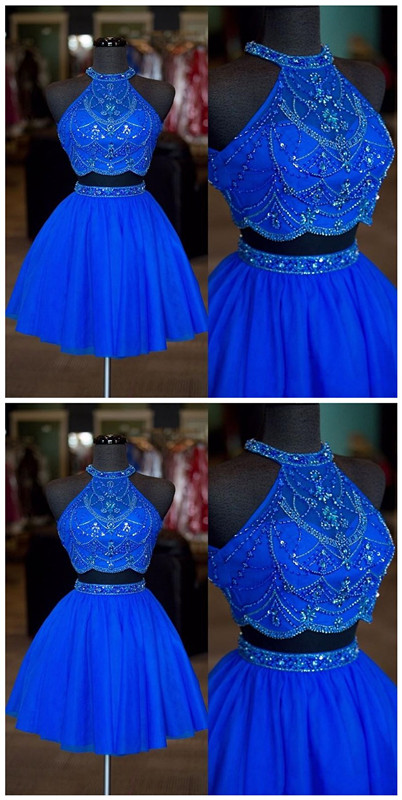 Real Photos Halter Neck Beaded Rhinestone Two Pieces Homecoming Dresses Sexy Backless A Line Tulle Short Prom Dresses,royal Blue Short Cocktail