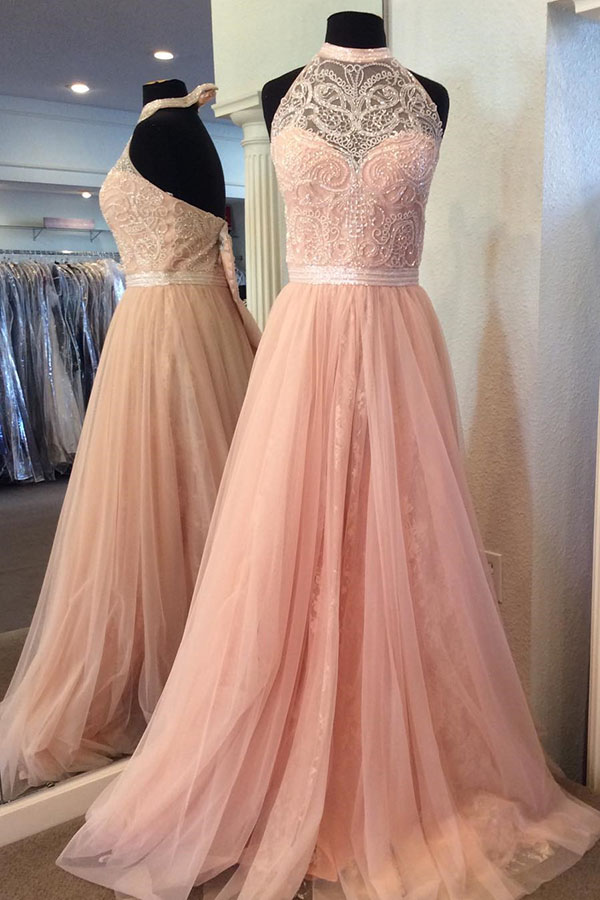 Halter Pink Tulle Prom Dress, Vintage Formal Dresses, A Line Party Dress , Wedding Guest Gowns , Sexy Women Gowns , Plus Size Wedding Pageant