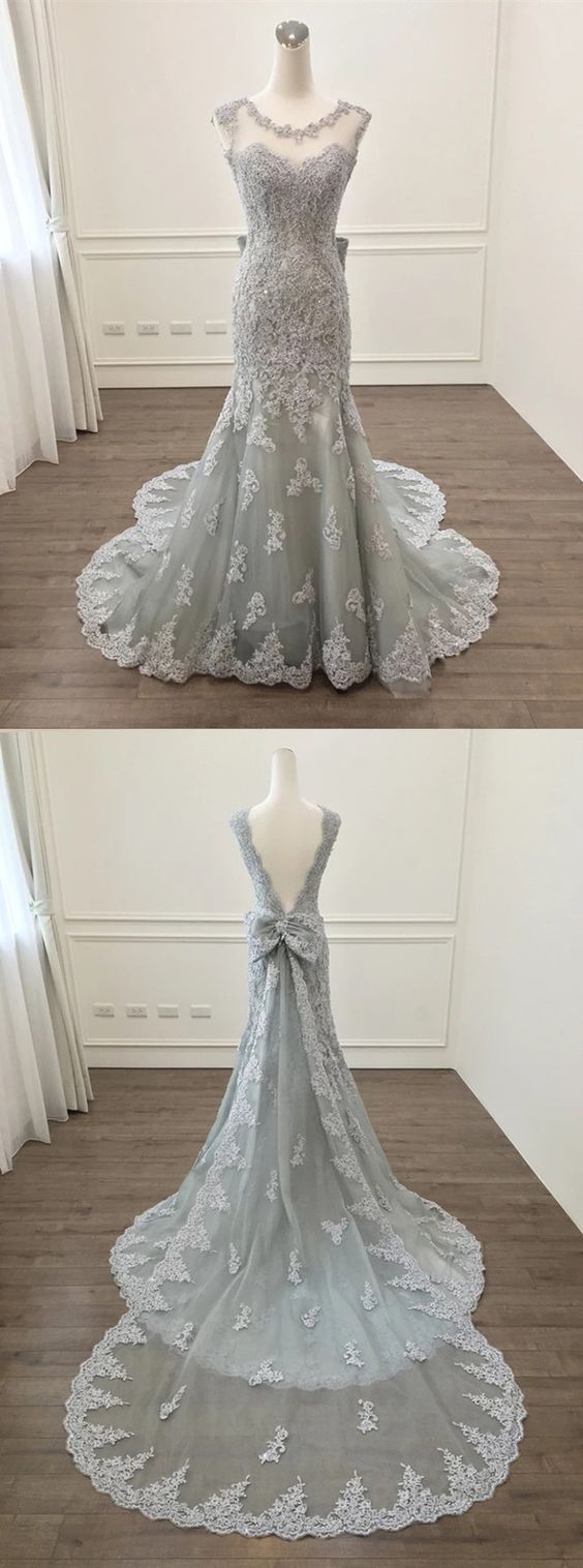 Elegant Silver Lace Bow Back Mermaid Evening Gown Dresses,2018 Off Shoulder Long Prom Dresses, Wedding Party Gowns ,formal Gowns ,mermaid Prom