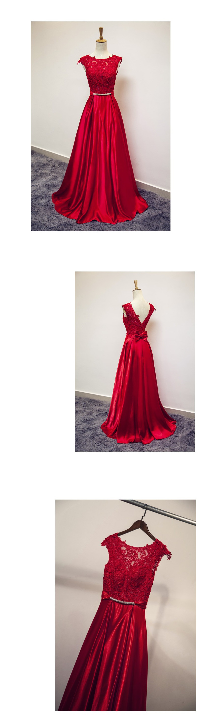 Prom Dresses Red Lace Neck Formal Evening Party Dresses Vestido De Festa,2018 Red Lace Formal Gowns , Long Evening Dress, Sexy Women Party