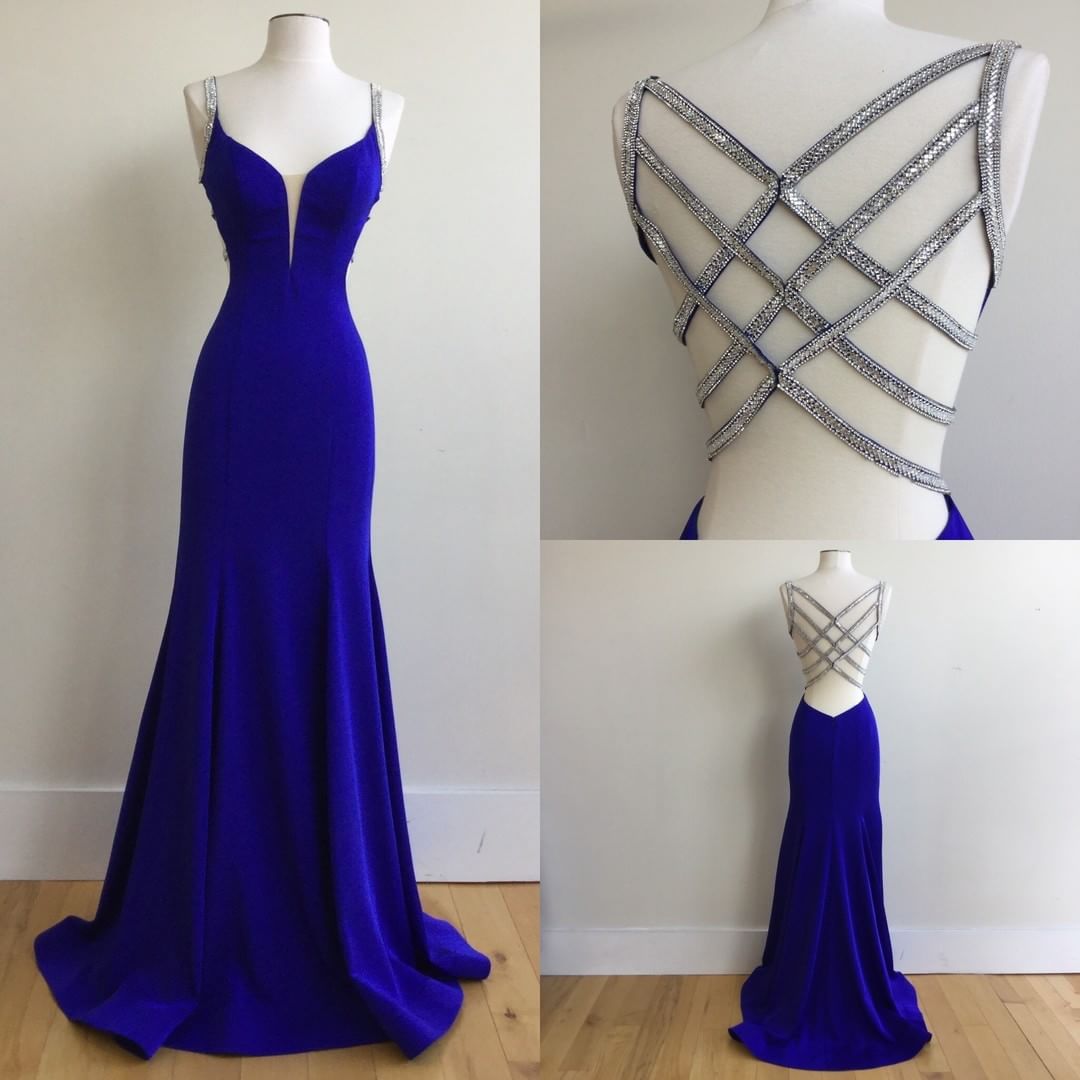 Sexy Mermaid Spaghetti Straps Royal Blue Long Prom Dress with Beading, Sey Back Beadeding Mermaid Prom Dresses , Custom Made Girls Party Gowns , Girls Gowns .