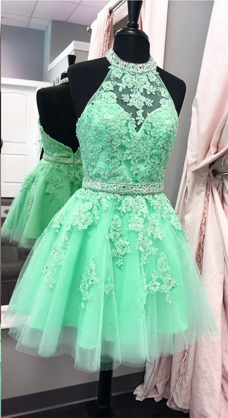 Green Halter Homecoming Dress,tulle Homecoming Dress,short Prom Dresses 2018,lace Homecoming Dress,elegant Party Dress, Girls Party Gowns ,