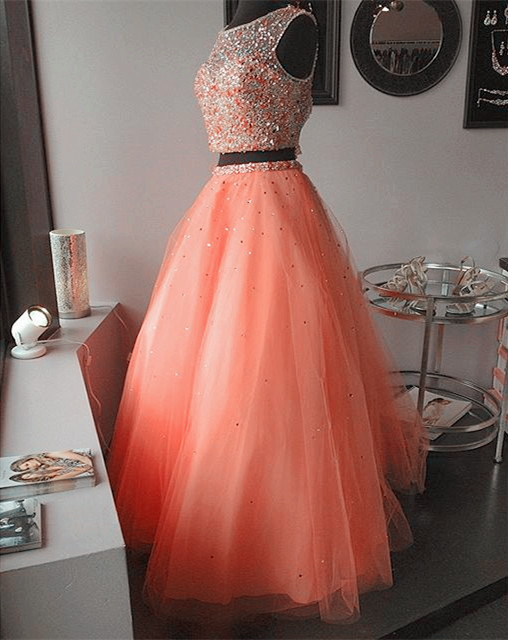 Orange Beaded Prom Dress, Prom Dresses,modest Prom Dress,two Piece Ball Gowns Quinceanera Dresses With Crystal Beaded And Sequins,shiny Evening
