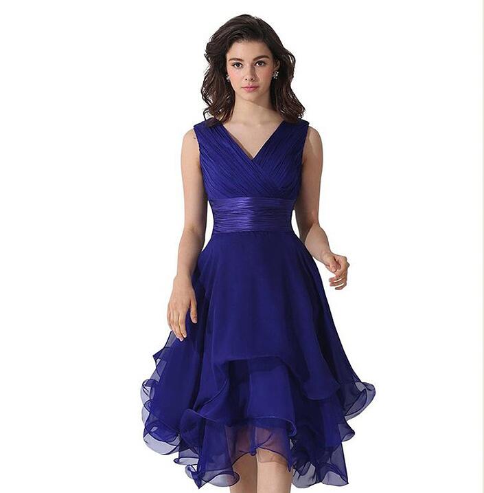 Plus Size V Neck Short Bridesmaid Dresses Royal Blue Chiffon Girls