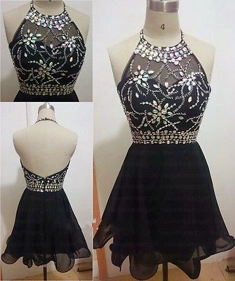 Black Chiffon Short Homecoming Dress , Sexy Back Open Mini Prom Gowns , Knee Length Wedding Party Gowns ,a Line Crystal Cocktail Dress