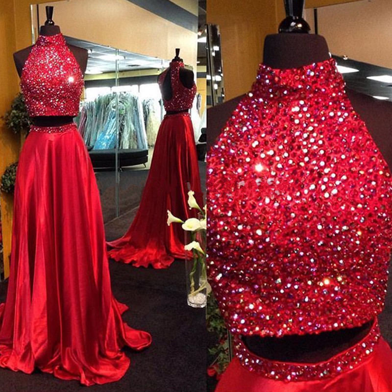 Red Two-piece Crystal Embellished High Neck Floor Length Satin Prom Dress, Bridesmaid Dress, Luxury Beaded High Neck Long Evening Dresses, Women