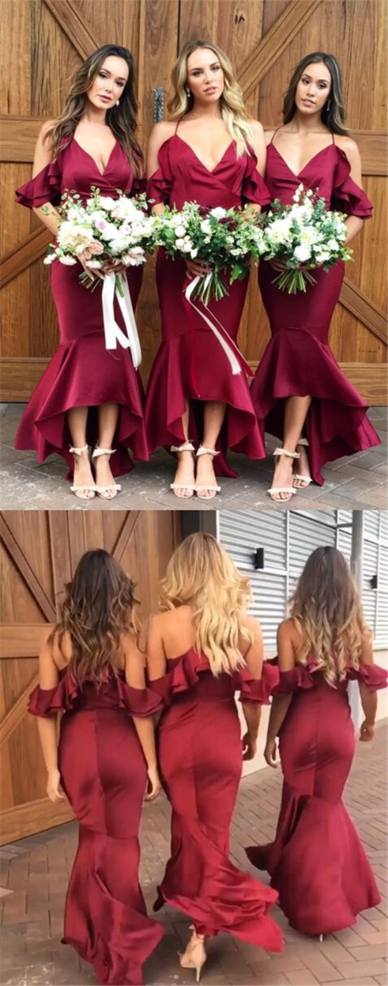 Simple Bugundy Mermaid Bridesmaid Dresses, Long Satin Bridesmaid Gowns , Plus Size Women Party Gowns , Sexy Formal Gowns ,wedding Guest Gowns .