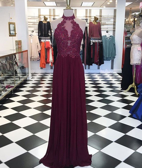 A Line Prom Dresses, Formal Women Gowns . Burgundy Maroon Hight Neck Lace Long Prom Dress, Maroon Evening Dress, Women Gowns .