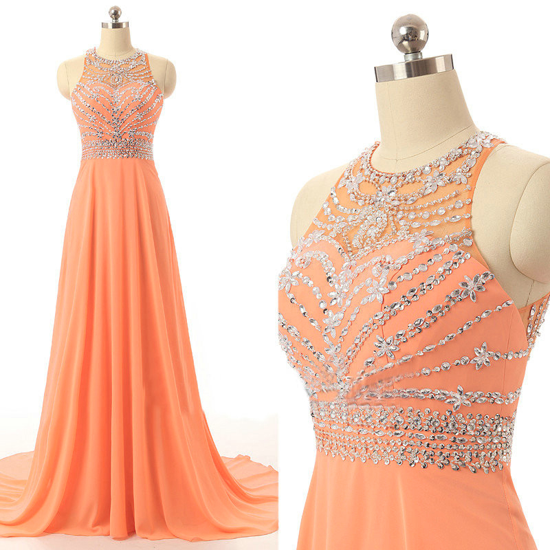 Plus Size Orange Chiffon Beaded Women Prom Dresses, Strapless Ruffle Long Prom Gowns ,sweep Train Formal Evening Gowns ,giirls Pageant Gowns