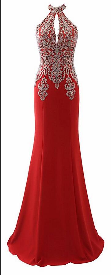 Red Halter Mermaid Prom Dresses Plus Size Formal Prom Dress Gold Lace Evening Dress Floor Length Women Party Gowns ,women Pageant Gowns