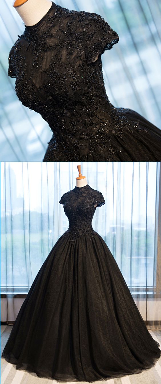 High Neck Caped Sleeve Black Tulle Prom Dresses Women Evening Gowns Plus Size Prom Gowns , Wedding Guest Gowns , Gitls Pageant Dresses
