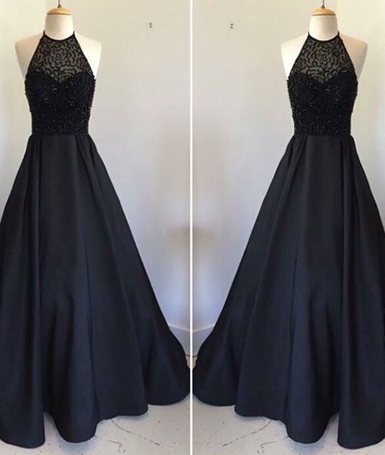 Black Crystal Beaded Prom Dress High Neck Satin Evening Dresses A Line Women Party Gowns Plus Size Prom Dress