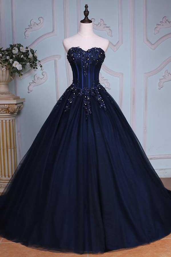Navy Blue Lace Beaded Pricess Prom Dresses,ball Gowns Prom Dresses, Wedding Women Party Gowns , Strapless Wedding Dresses.